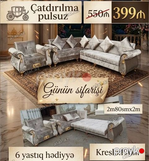 Günün sifarişi: yumşaq məxməri L‑şəkilli künc divan dəsti - Ölçü: 2 m