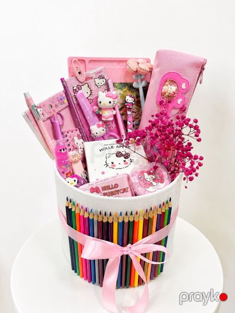 Hello Kitty mövzulu məktəb dəsti – hədiyyə səbəti - Səbət: çevrəsi — Bakı