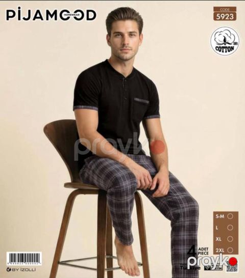 Şalvarlı pijama dəsti kişilər üçün Pijamood 5923_RB, pambıq, qara/boz, ölçü S — Bakı