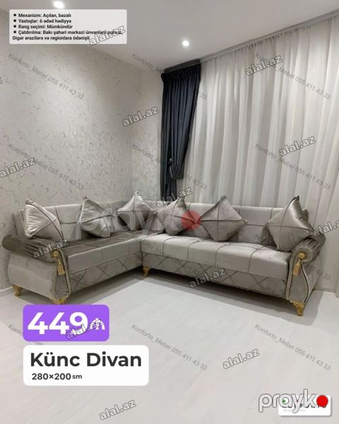 Künc divan – 280×200 sm Mexanizm: açılan, bazalı (yataq funksiyalı — Bakı