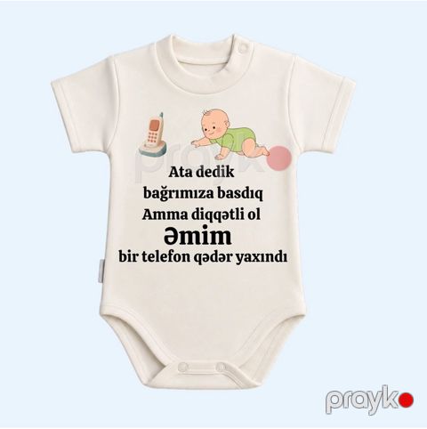 Yenidoğulmuşlar üçün bodi Əmim telefon qədər yaxındır, ağ, pambıq, ölçü 9-12 ay — Bakı