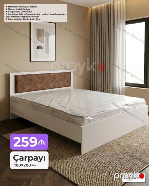 Çarpayı – 160×200 sm - Mexanizm: açılmayan, bazasız - Başlıq: ağ — Bakı