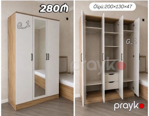 Yeni, 3 qapılı, Güzgülü, Ağ, Taxta, Açılan, Düz dolab — Digah