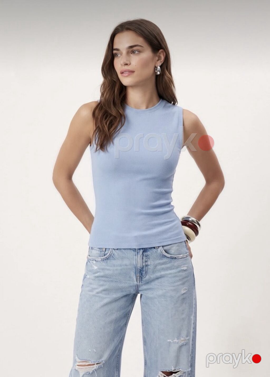Qadın üçün qolsuz rib trikotaj top - Rəng: açıq mavi (baby blue) — Futbolka və polo, Bakı (4)
