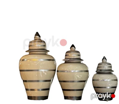 Dekorativ banka dəsti Bianco CO75, 3 əd, keramika, bej, boz zolaqlı, 24x13 sm, 31x17 sm, 39x21 sm — Bakı