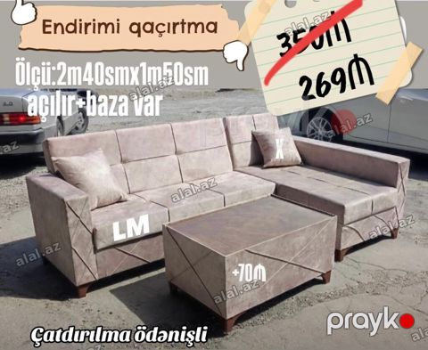 Künc divan dəsti – açılır mexanizmli və bazalı. - Ölçü: 2 m 40 sm x 1 — Bakı
