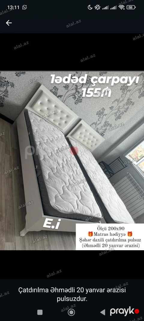 Məhsul: Tək çarpayı - Ölçü: 200x90 sm - Dizayn: Ağ rəng, yumşaq — Sumqayıt