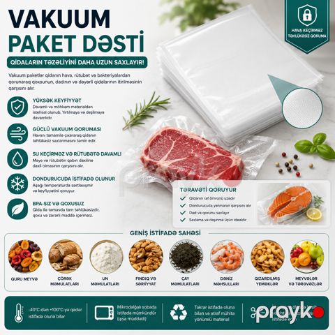 Vakuum paket dəsti 10848, ərzaqlar üçün, universal, polietilen, 100 əd — Bakı