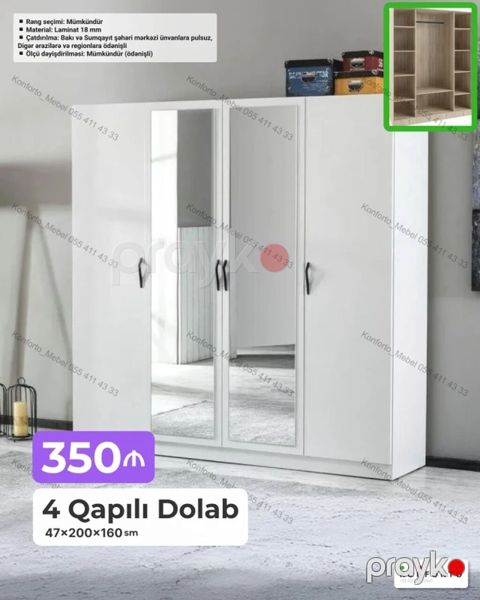 4 qapılı paltar dolabı – 47×200×160 sm - Material: 18 mm laminat — Bakı