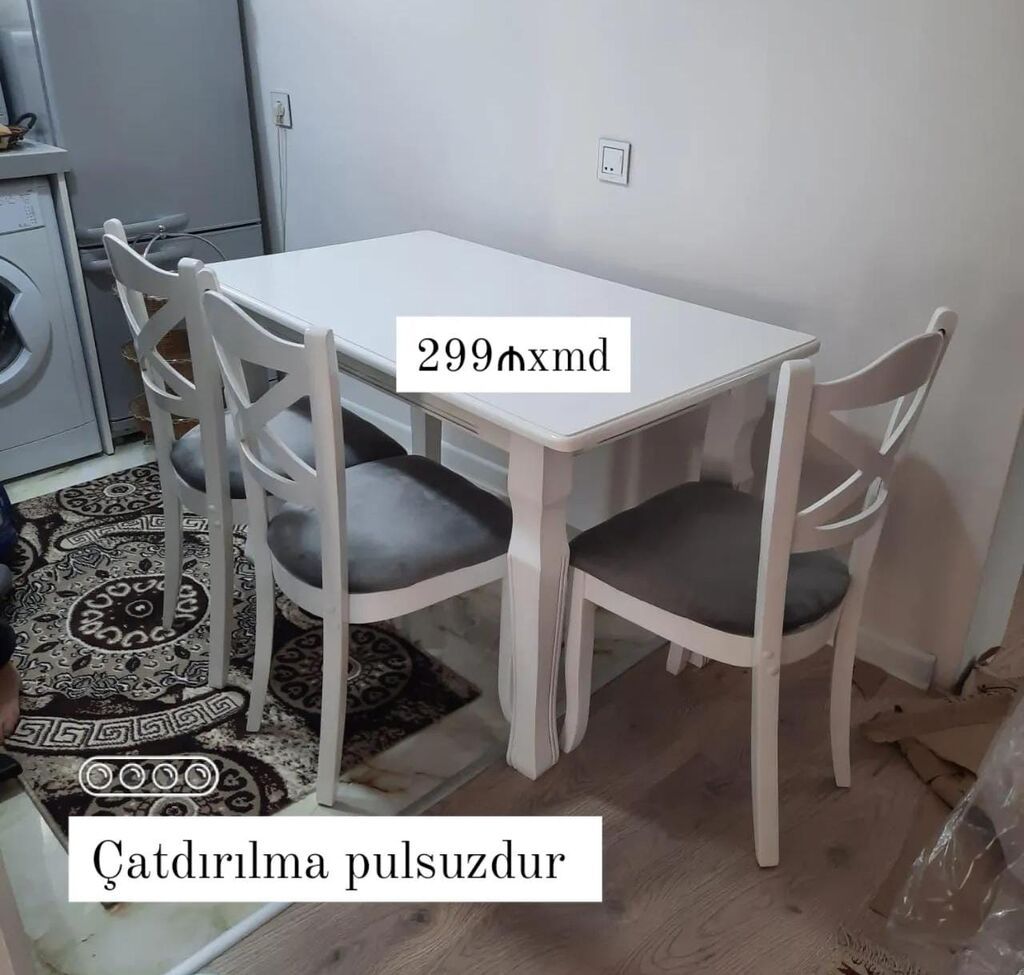 Mətbəx üçün masa və 4 ədəd stul dəsti - Rəng: ağ (stulların oturacağı — Masalar və stullar, Bakı