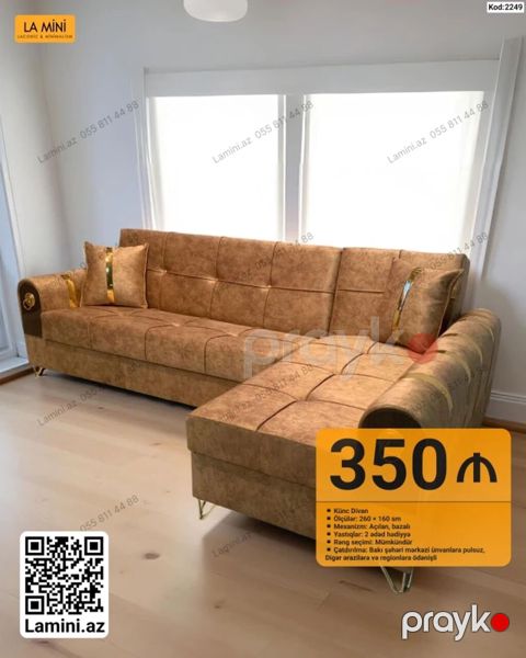 Künc divan – Kod: 2249 - Ölçülər: 260 160 sm - Mexanizm: açılan — Bakı