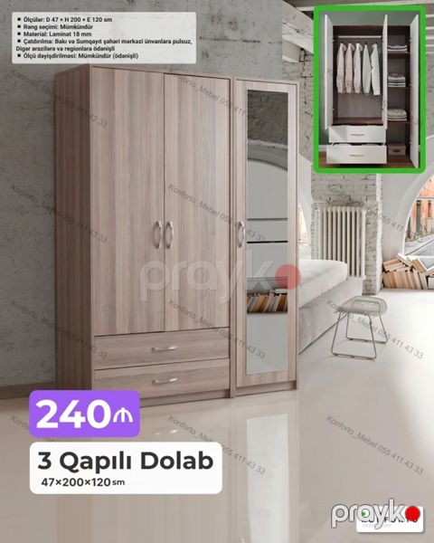 3 qapılı geyim dolabı – 47×200×120 sm Xüsusiyyətlər: - Material: 18 — Bakı