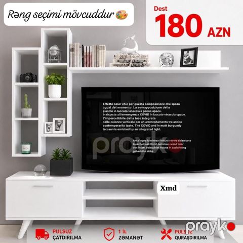 TV stendi və divar rəfi dəsti - Müasir dizaynlı, ağ rəngdə TV stendi — Bakı