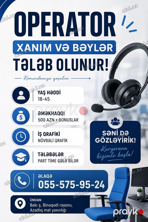 Çağrı mərkəzi operatoru tələb olunur, 18-29 yaş, Təcrübəsiz, Aylıq ödəniş — Bakı