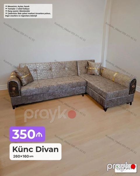 Künc divan – 260×160 sm - Mexanizm: açılan, bazalı (yuxarı qalxan — Bakı