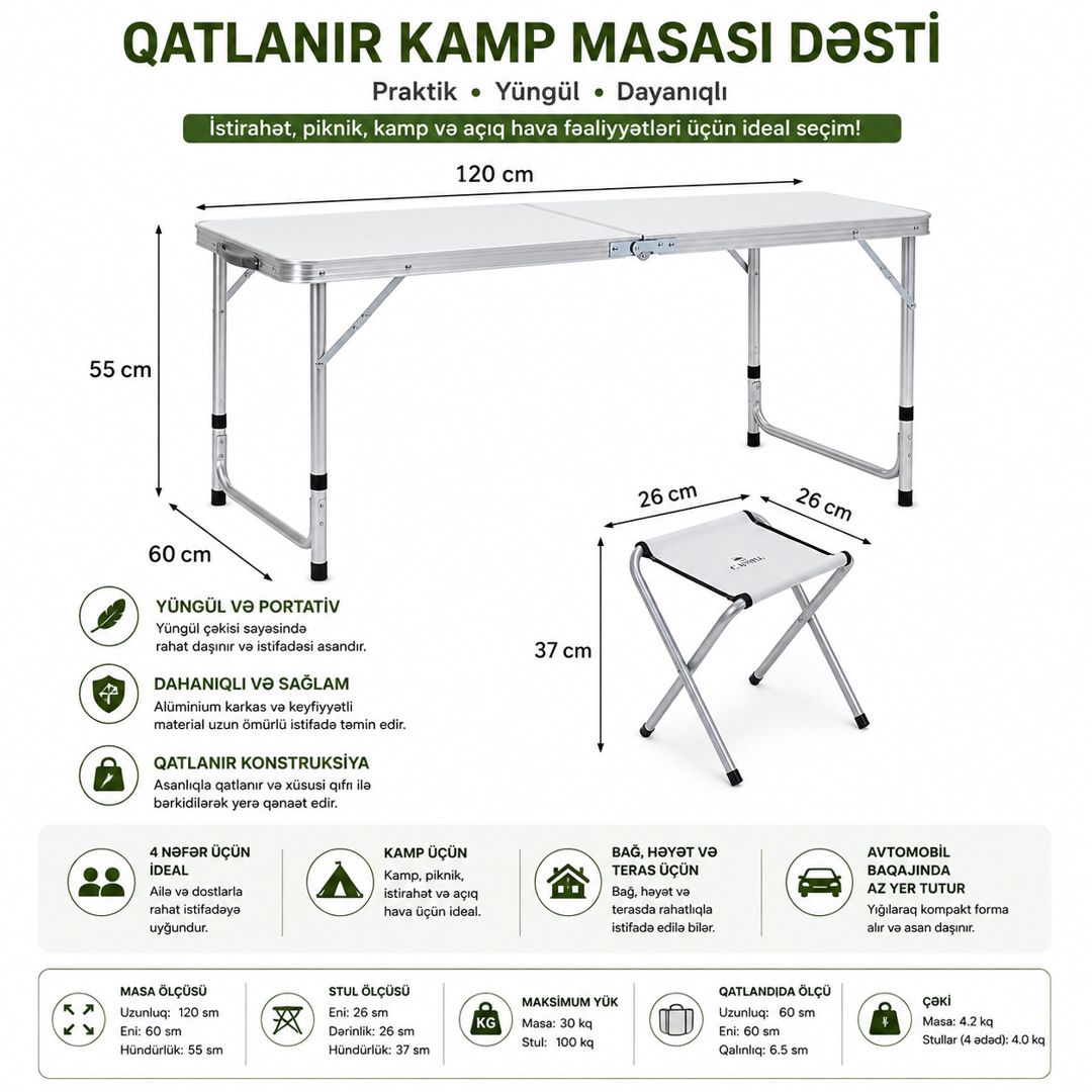 Qatlanan masa və oturacaq dəsti, metal, 120х60 sm — Mallar, Bakı (2)