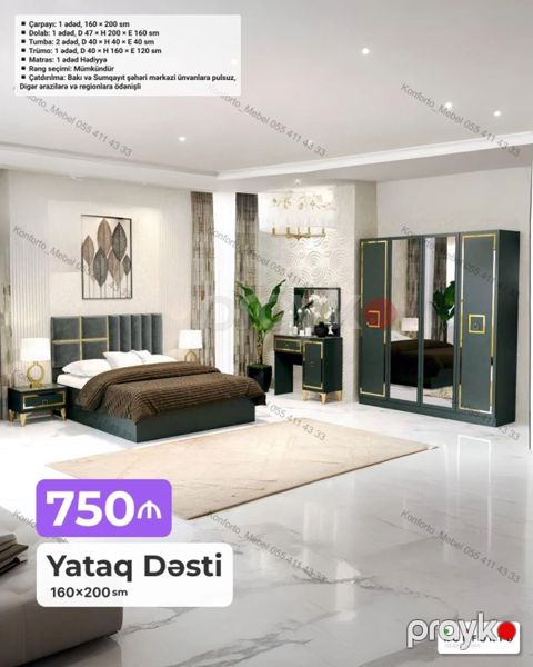 Yataq Dəsti – 160×200 sm Komplekt: - Çarpayı: 1 ədəd, 160×200 sm — Bakı