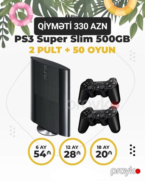PS3 Super Slim oyun konsolu – 500GB yaddaş - Komplekt: 2 ədəd original — Bakı