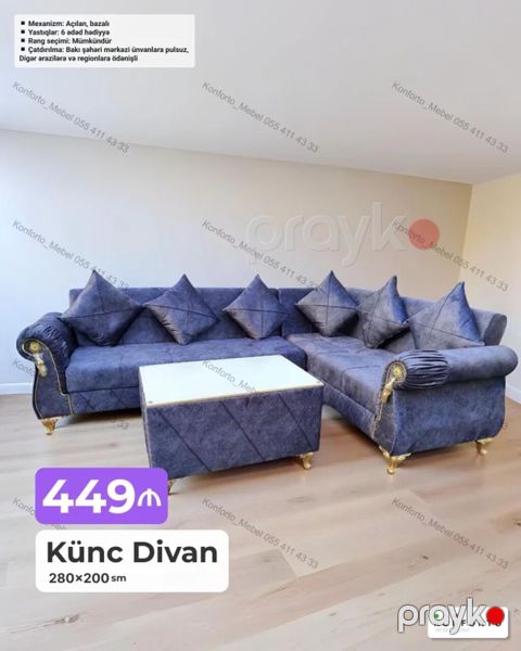 Künc Divan – 280×200 sm - Mexanizm: açılan, bazalı (yuxu funksiyası — Bakı