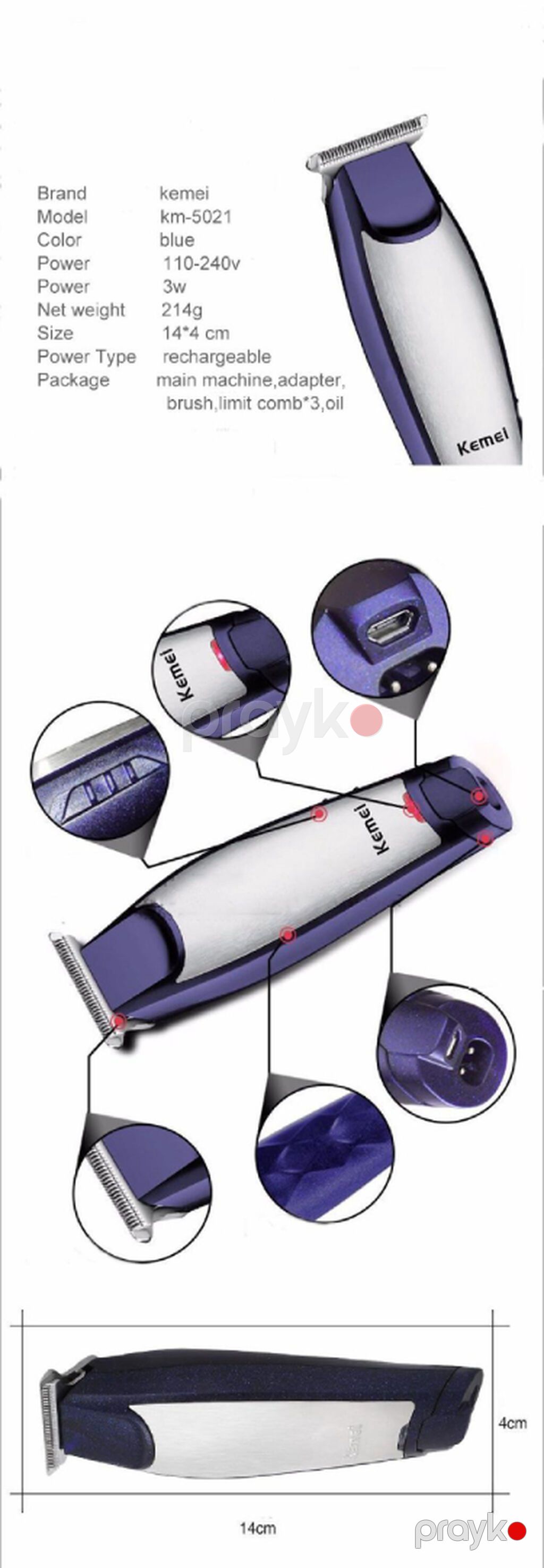 Trimmer Kemei 5021 - 60 Dəqiqə / 1 Sürət / Polad bıçaqlı / Göy rəng — Saç kəsmə maşınları, Bakı (2)