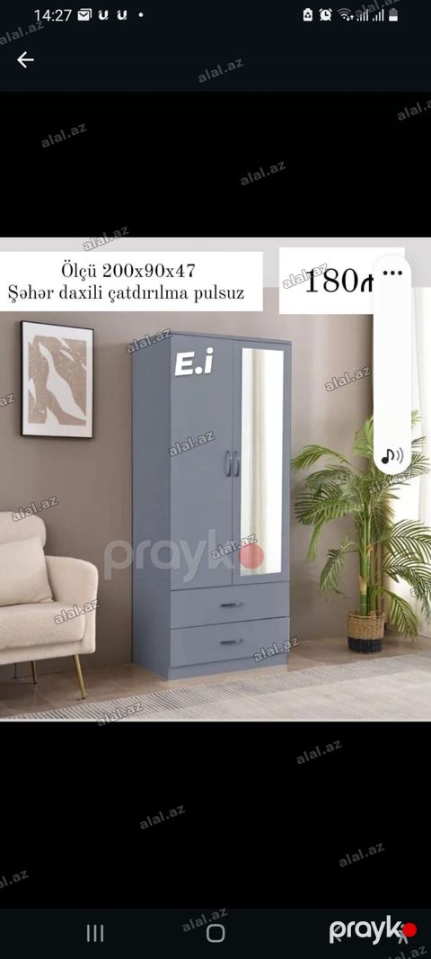 Güzgülü iki qapılı şkaf - Ölçü: 200 x 90 x 47 sm - Rəng: boz - Ön — Sumqayıt