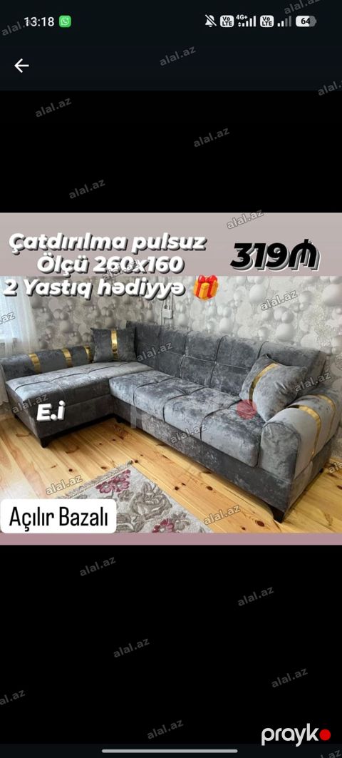 Künc divan – açılır bazalı model. - Ölçü: 260x160 sm - Rəng: boz — Sumqayıt