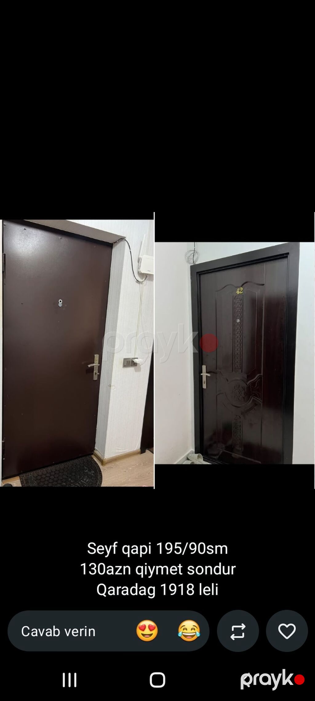Məhsul: Seyf qapı - Ölçü: 205 x 100 sm - Material: metal, ön paneldə — Pəncərələr, qapılar, balkonlar, Bakı (6)
