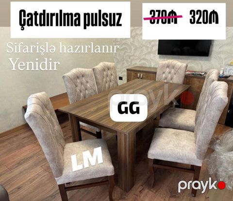 Yemək masası və 6 ədəd stul dəsti - Masanın materialı: taxta — Bakı
