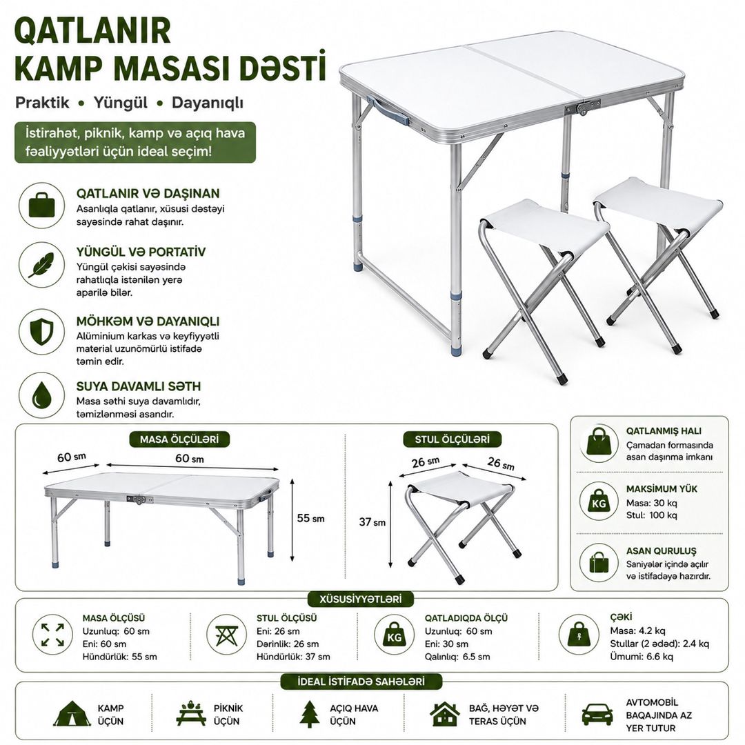 Qatlanan masa və oturacaq dəsti, metal, 120х60 sm — Mallar, Bakı (3)