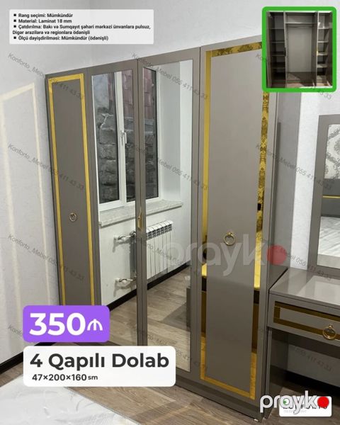 4 qapılı paltar dolabı — 47×200×160 sm - Korpus: 18 mm laminat - Rəng — Bakı