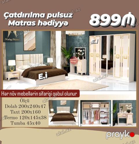 Yataq otağı mebel dəsti Tərkib: - Dolab: 4 qapılı, güzgülü ön panel — Bakı