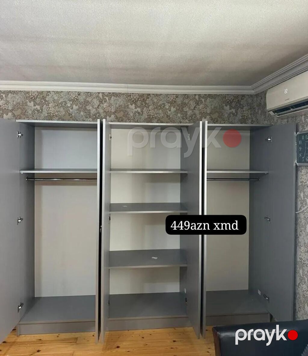 Geniş 6 qapılı gardırob - Rəng: boz, qızılı dekor xətləri ilə - Ön — Şkaflar, Bakı (2)
