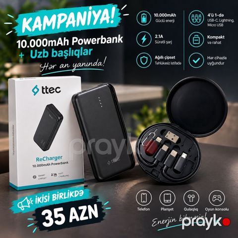 Ttec ReCharger 10.000 mAh powerbank və USB başlıqlar dəsti. Kompakt — Masazır