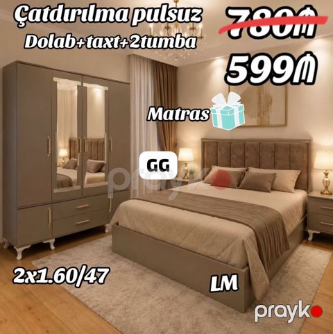 Yataq otağı dəsti – Dolab + Taxt + 2 tumbə - Dəst tərkibi: 3 qapılı — Bakı