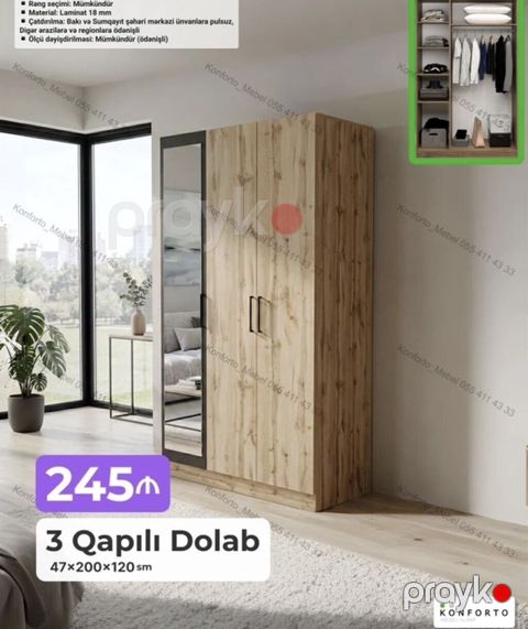 3 qapılı dolab – 47×200×120 sm - Korpus: 18 mm laminat - Rəng seçimi — Digah