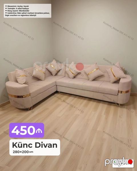 Künc Divan – 280×200 sm - Mexanizm: açılan, bazalı (daşınma və — Bakı