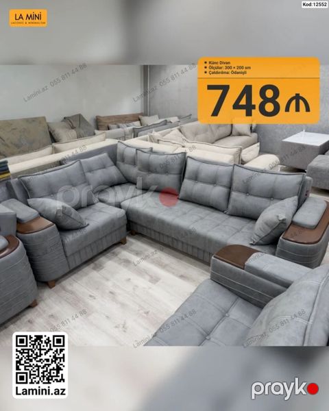 Künc divan – La Mini - Ölçü: 300 x 200 sm - Rəng: boz - Material — Bakı