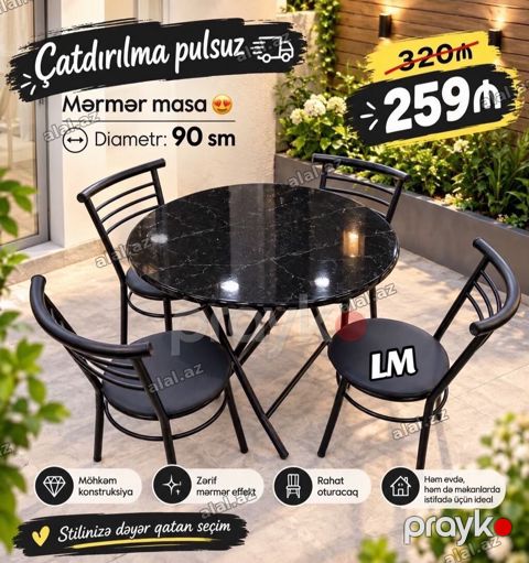 Mərmər effektli dairəvi masa dəsti - Masa diametri: 90 sm - Zərif — Sumqayıt
