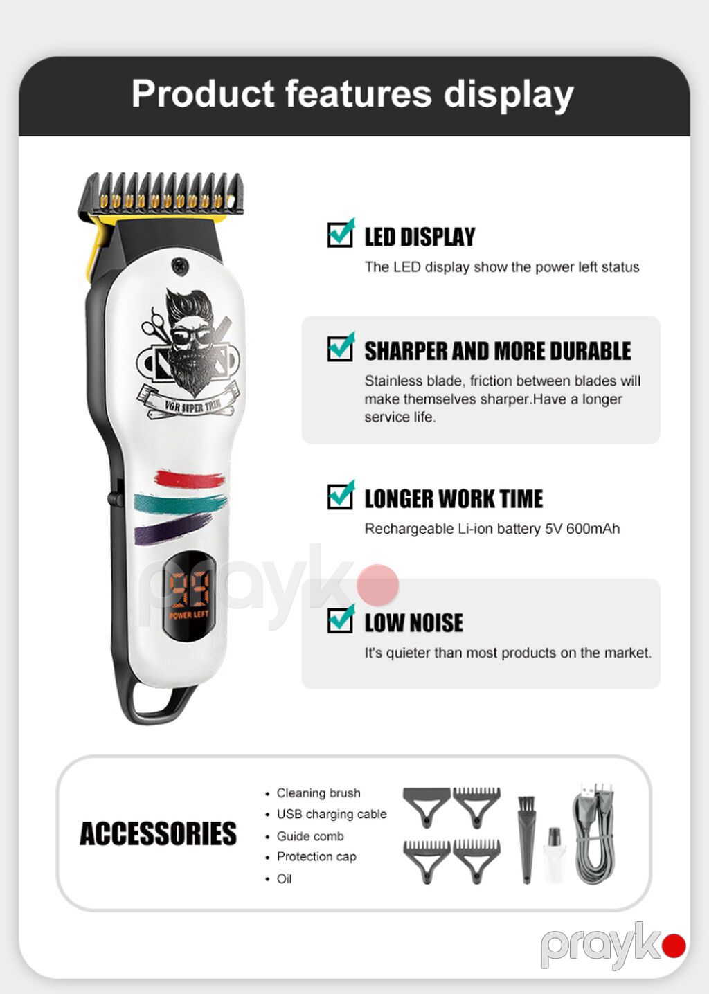 Trimmer VGR 971 - 600mAh / 120 Dəqiqə / 1 Sürət 5500RPM / Cord/Cordles — Saç kəsmə maşınları, Bakı (9)
