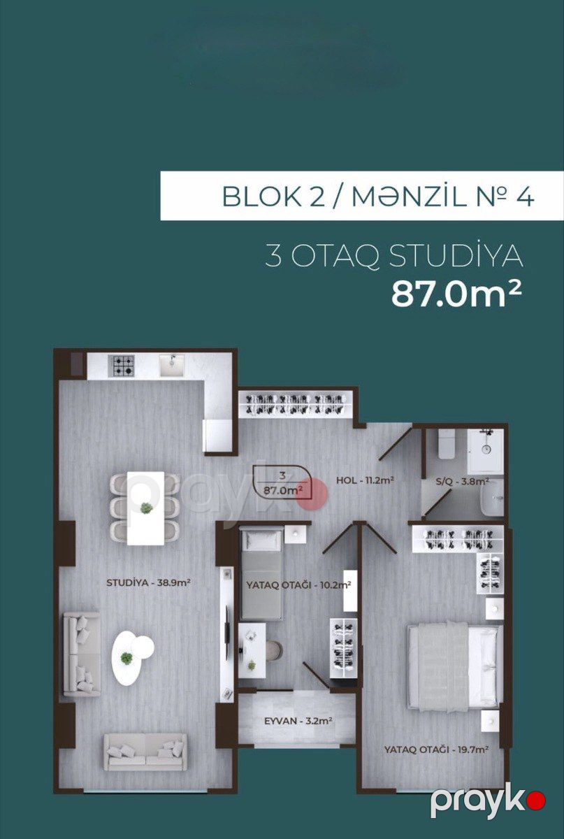 Satılır 3 otaqlı yeni tikili 87 m² — Mənzil, Bakı (3)