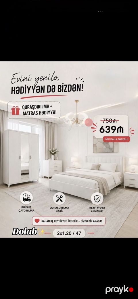 Ağ rəngli yataq otağı dəsti – zərif və minimal dizayn. Komplekt — Bakı