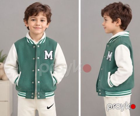 Uşaq bomber/varsity stili jaket - Rəng: yaşıl gövdə, ağ qol; yaxa — Bakı