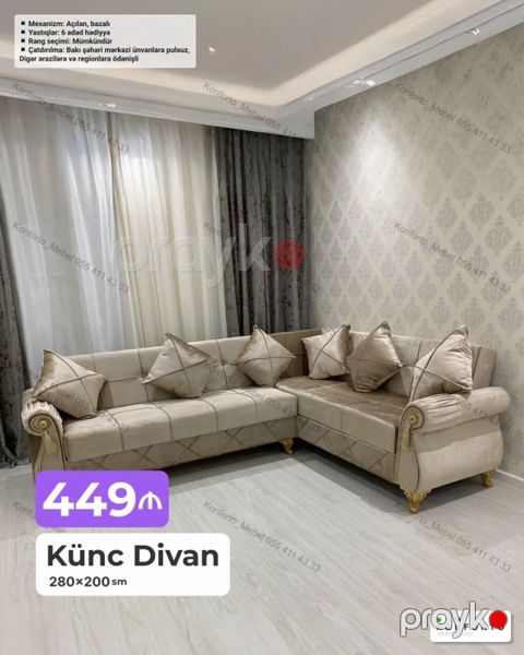 Künc divan – 280×200 sm ölçüdə, açılan və bazalı mexanizmli. Klassik — Bakı