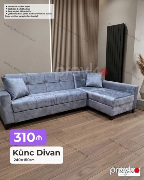 Künc divan – 240×150 sm - Mekanizm: açılan, bazalı (yataq və əşya — Bakı