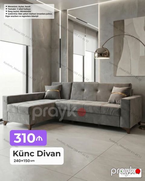 Künc Divan – 240×150 sm - Mexanizm: açılan, bazalı (yataq funksiyalı) — Bakı