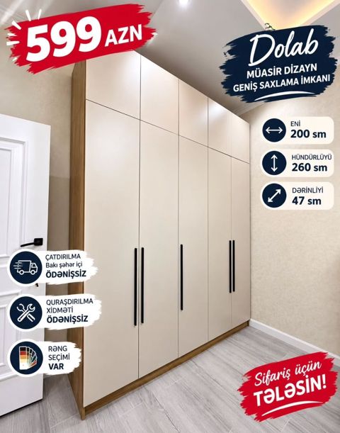 Yeni, 5 qapı, Rəngli, Açılan, Düz dolab — Bakı