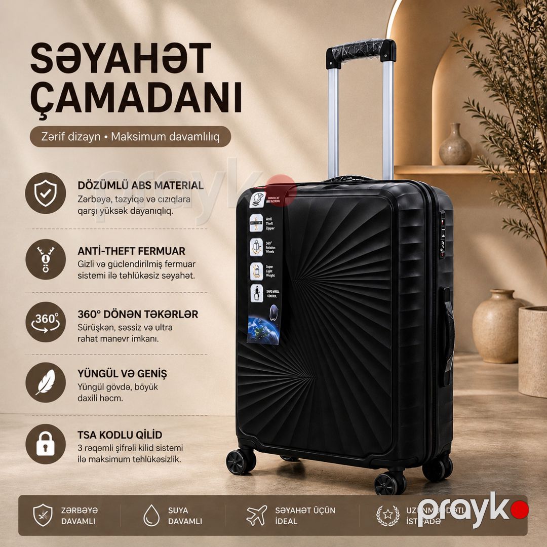 Çamadan 4 təkərli 8966, ABS plastik, qara, ölçü S — Çamadanlar, Bakı