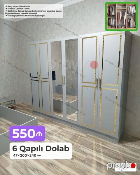 6 qapılı paltar dolabı Ölçü: 47×200×240 sm Material: 18 mm laminat — Bakı