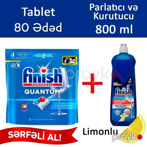 Qabyuyan maşın üçün dəst Finish Quantum (qabyuyan maşın üçün həblər 80 əd + parladıcı limonlu 800 ml) — Bakı