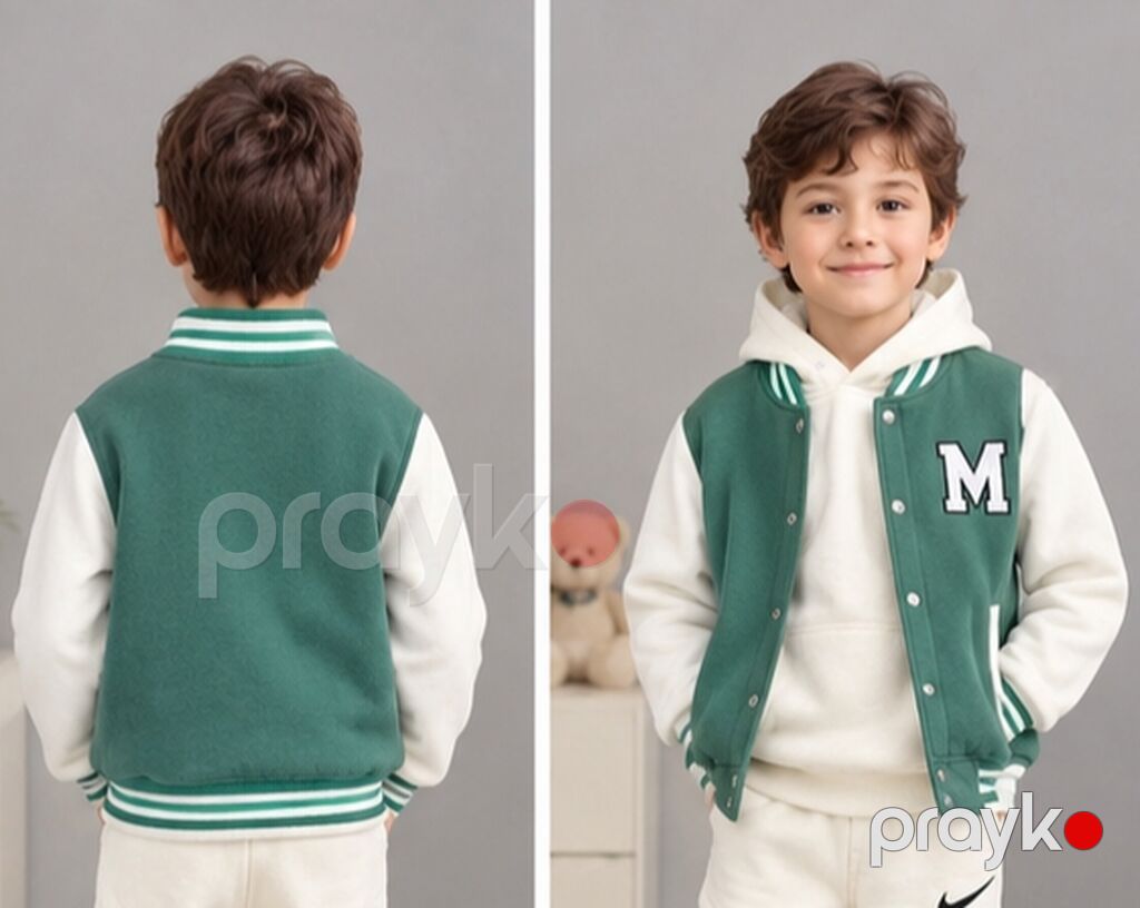 Uşaq bomber/varsity stili jaket - Rəng: yaşıl gövdə, ağ qol; yaxa — Uşaq geyimi, Bakı (2)